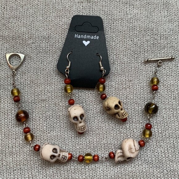 💀 Handmade Skull Bracelet & Earrings Set (Beige, Amber & Brown) - Picture 2 of 12